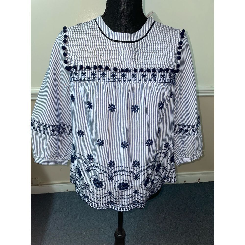 NWT Crown & Ivy Blue and White Stripe Blouse with Embroidery